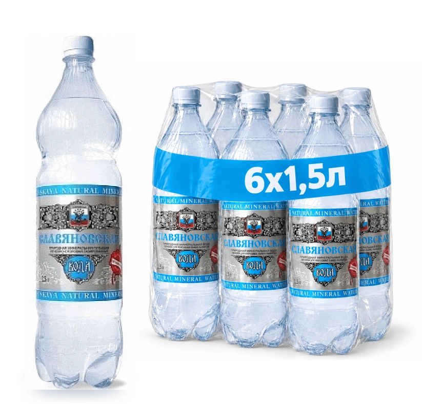 Вода "Славяновская" 1.5 литра, газ., ПЭТ, 6 шт. в уп.